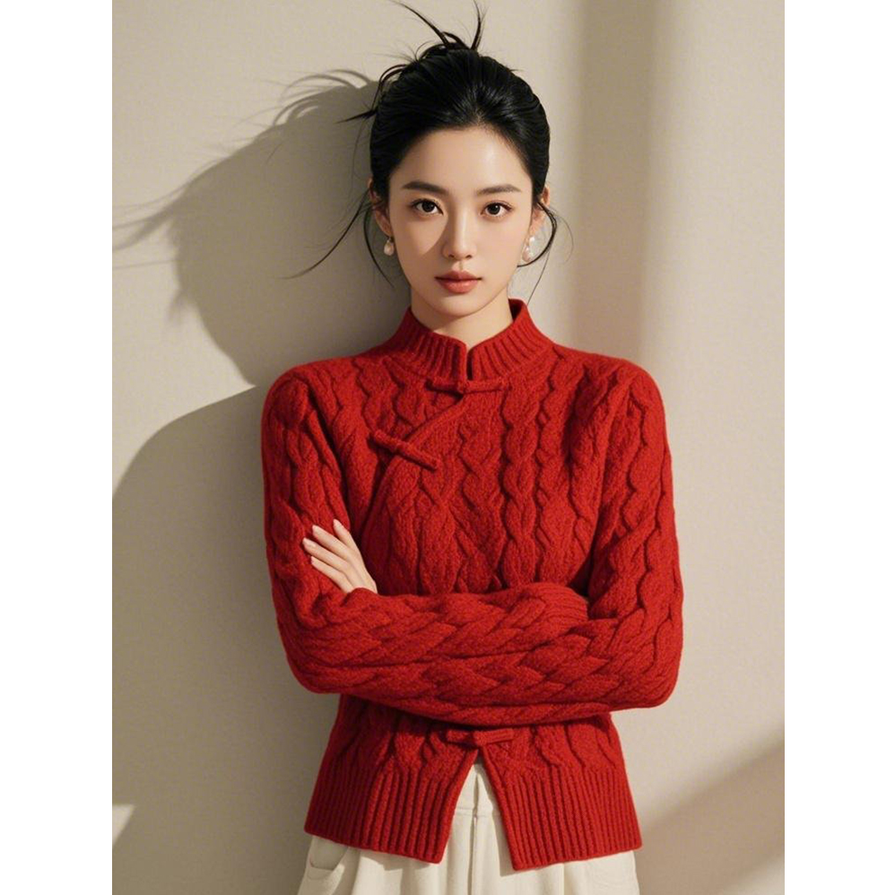 国风新中式红色针织衫新年盘扣高级感内搭打底上衣女装秋冬季新款