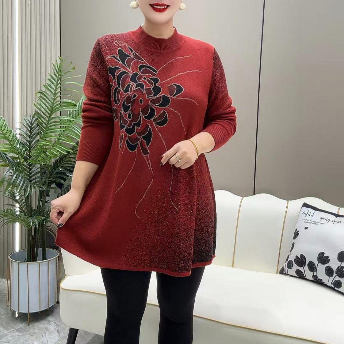 圆领百搭气质休闲2025宽松中长款大码针织大版衫秋季显瘦遮肚毛衣