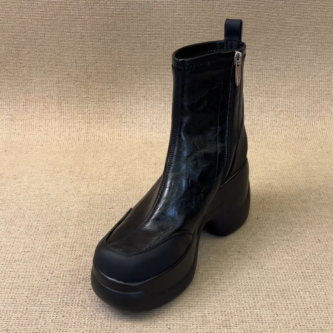 RubyL/9cm小个子简约通勤百搭侧拉链圆头超高跟厚底瘦瘦靴女款