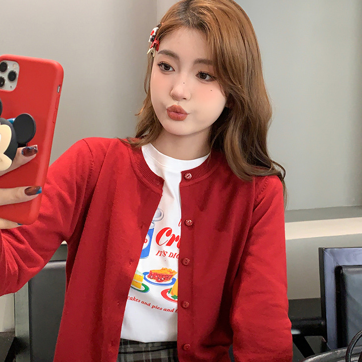 红色针织开衫外套女2025秋季新款高级感毛衣外穿打底衫小香风上衣