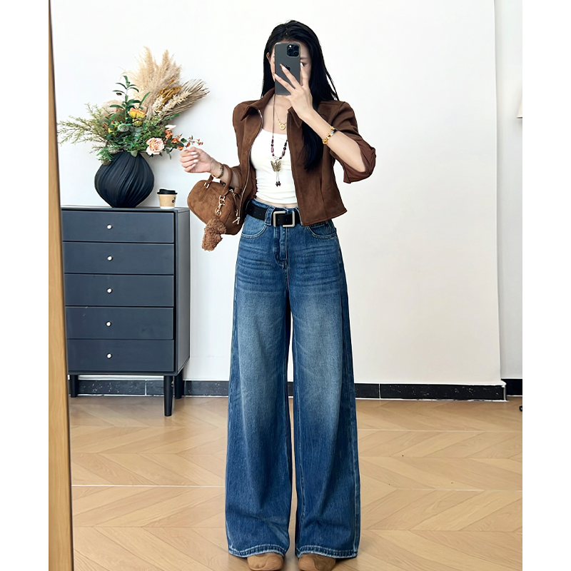 乔栈复古高腰设计感阔腿牛仔裤女秋冬新款显瘦垂感百搭小个子直筒