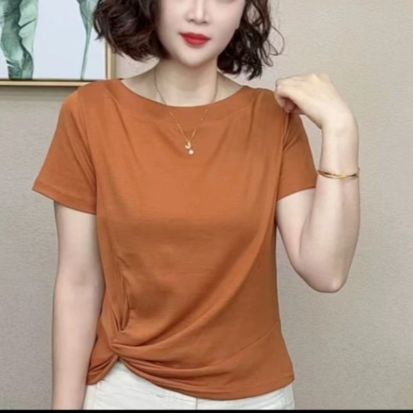 2025夏季新款圆领纯色短袖T恤女显瘦洋气妈妈装百搭休闲上衣小衫