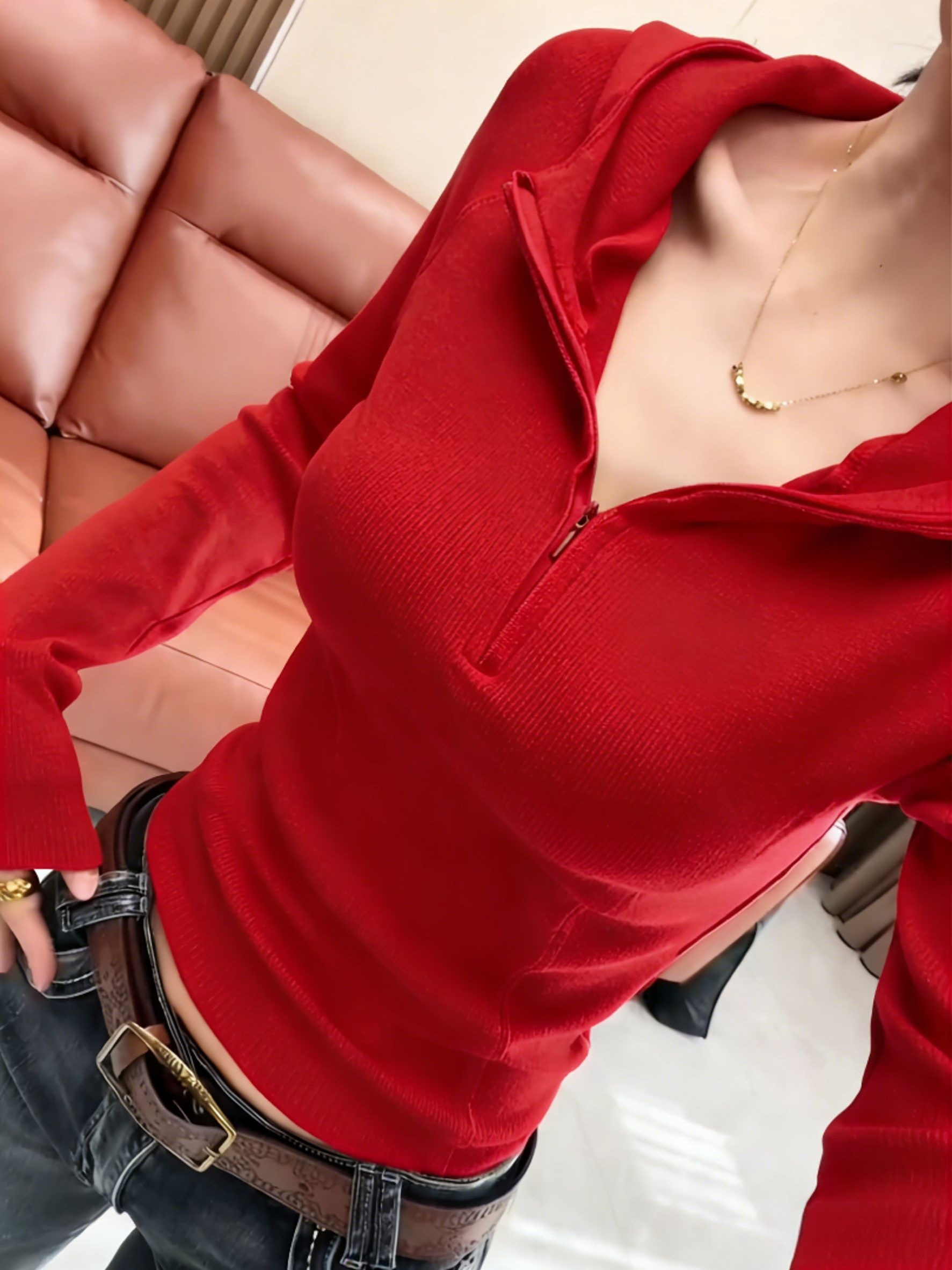【本命红】复古时尚半拉链连帽衫秋冬洋气修身显瘦打底衫女内搭外穿
