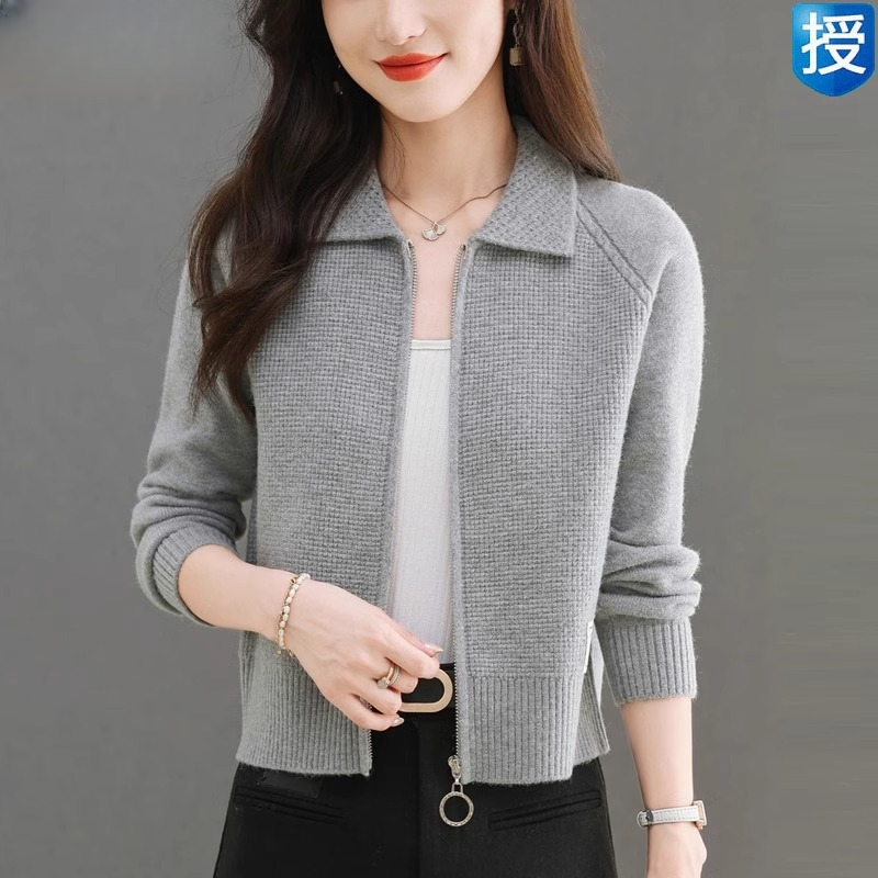 羊毛开衫女春秋翻领羊绒针织外搭短款小个子毛衣外套专柜正品