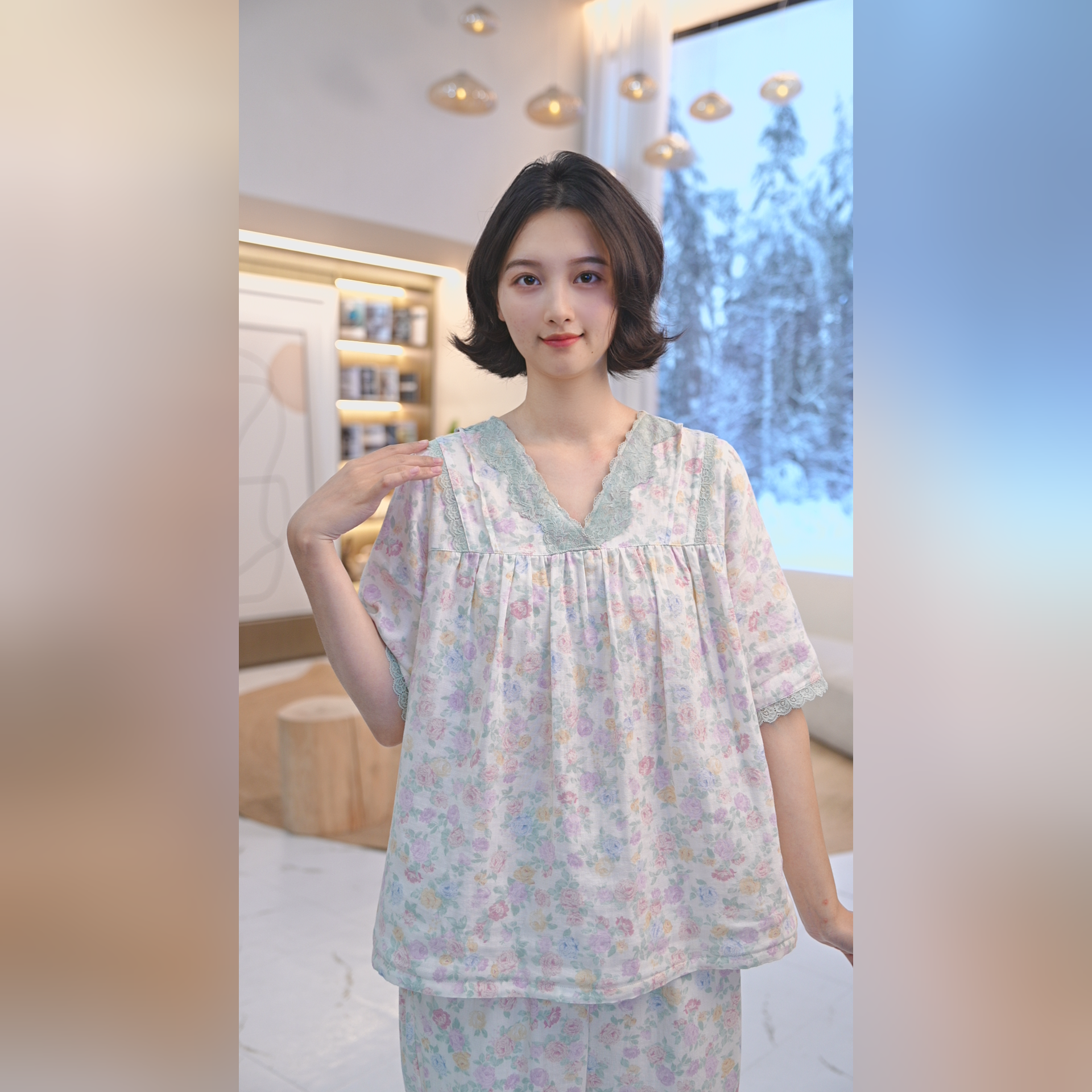 秋鹿睡衣女款夏季家居服双层纱透气印花V领五分袖九分裤女套