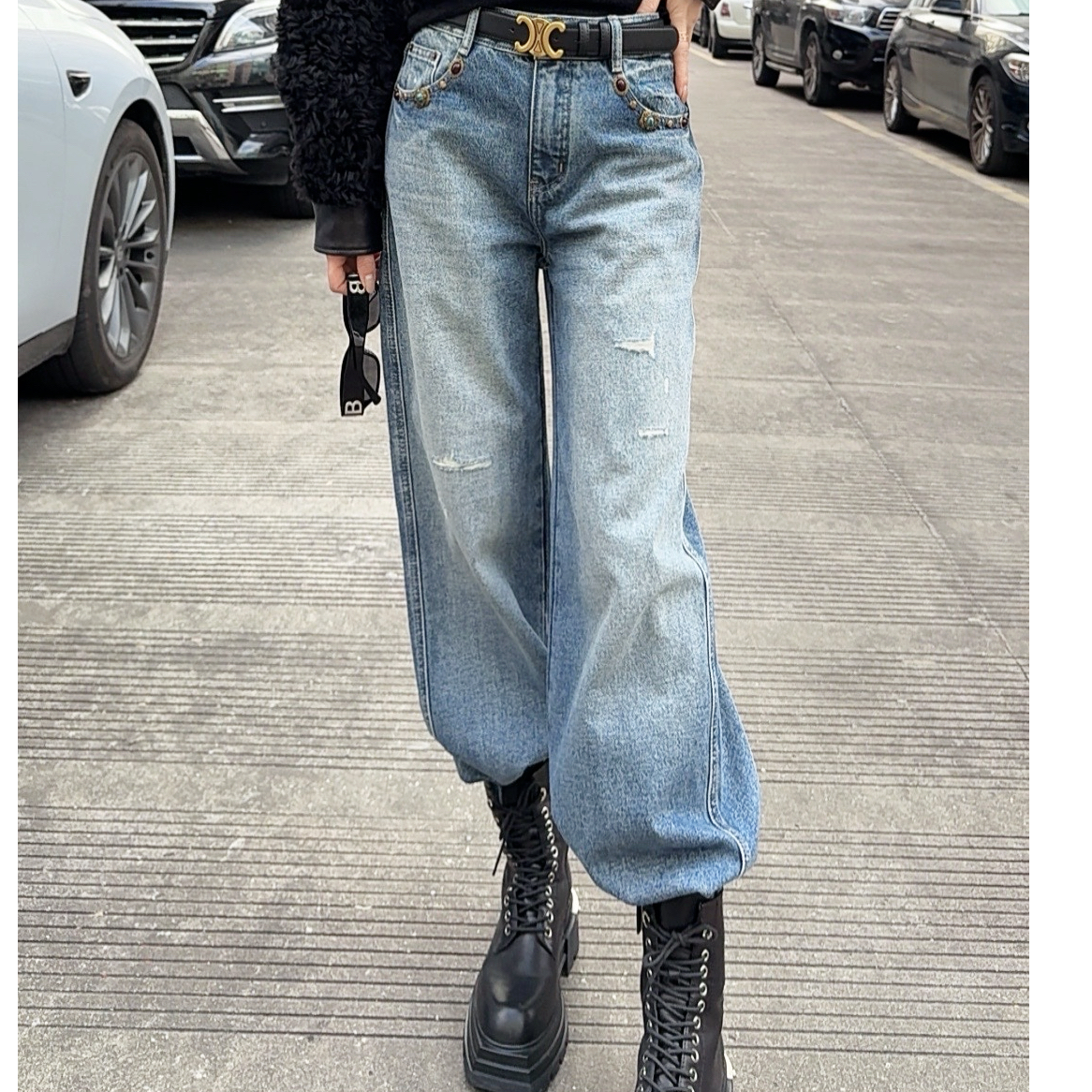 微弹中腰长裤秋冬季复古港风牛仔裤休闲百搭设计师女装