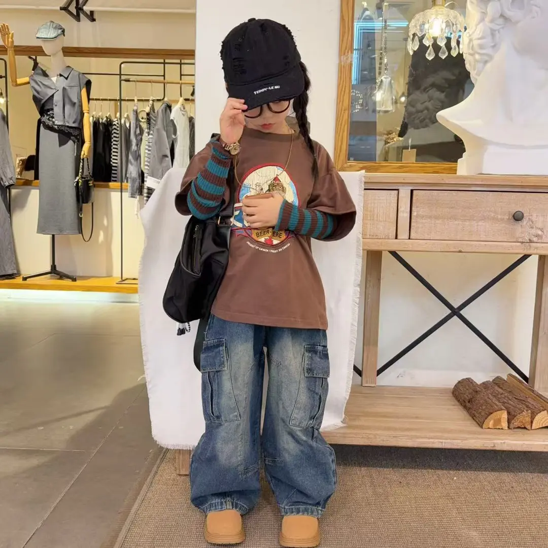 女童春秋季2025新款休闲韩版洋气时尚假两件打底衫牛仔裤两件套潮