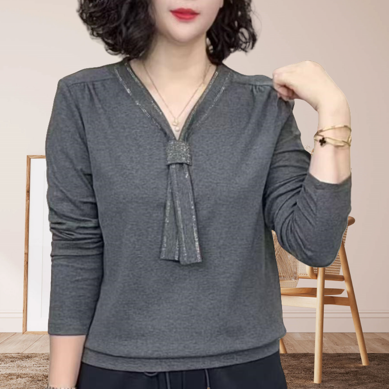 新款V领飘带烫钻洋气小衫时尚女装秋冬季长袖T恤气质减龄打底上衣