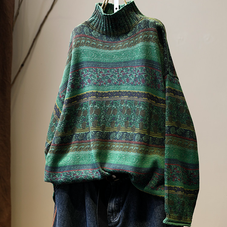 复古印花半高领棉线毛衣女宽松大板遮肉秋装复古休闲洋气套头线衣