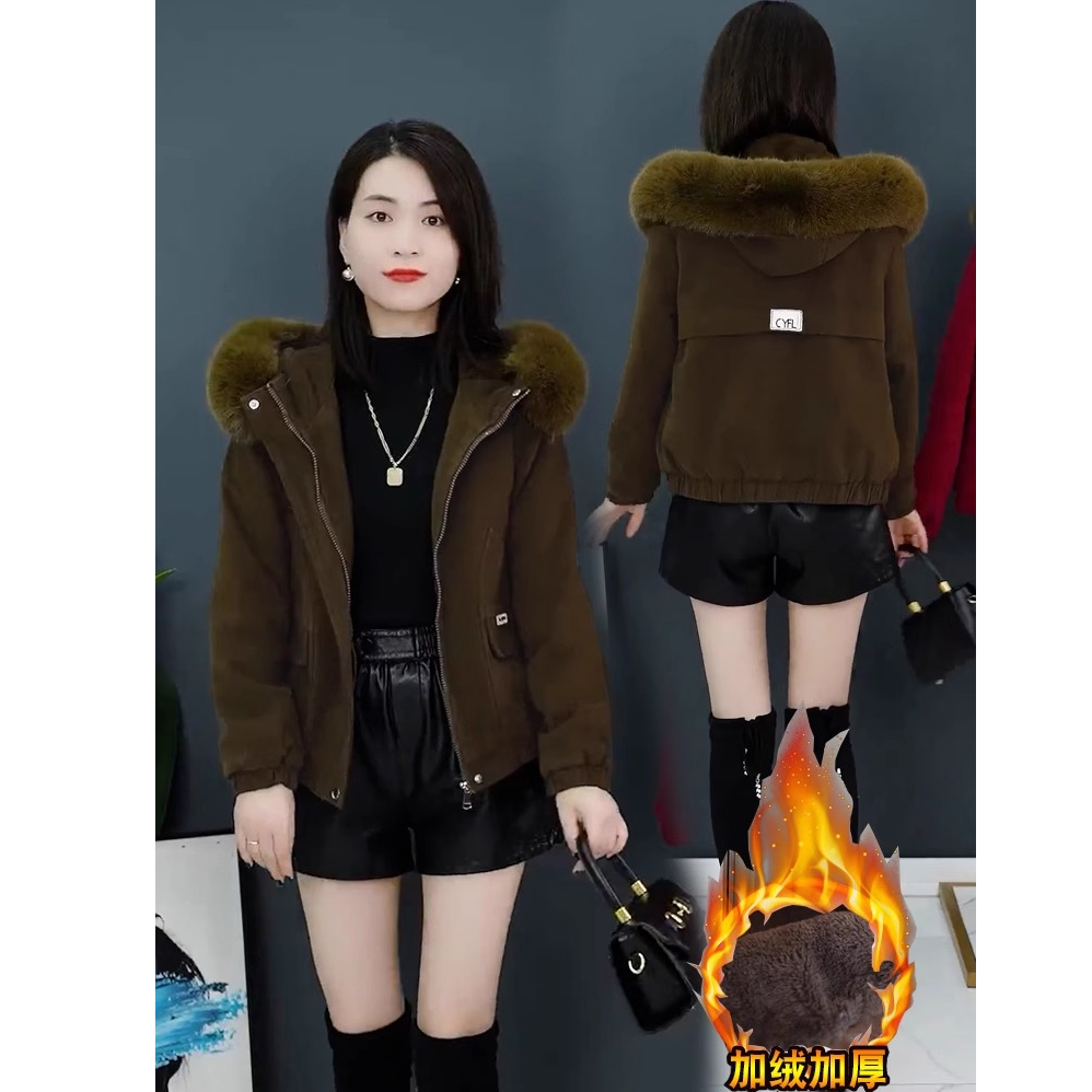 加绒加厚派克服大毛领冬季保暖棉衣短款外套女小个子休闲洋气上衣