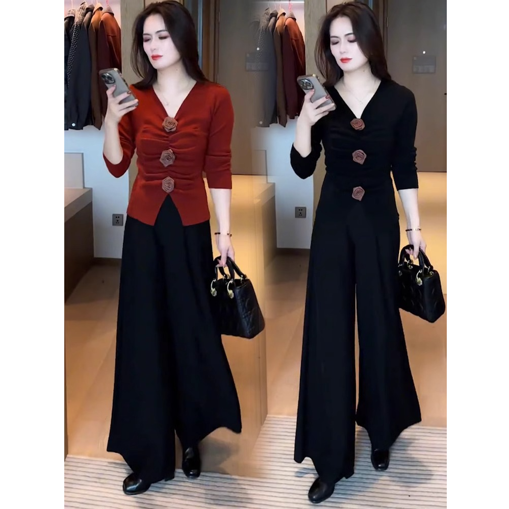时尚套装女2025秋冬新款洋气显瘦针织打底衫阔腿裤休闲百搭两件套