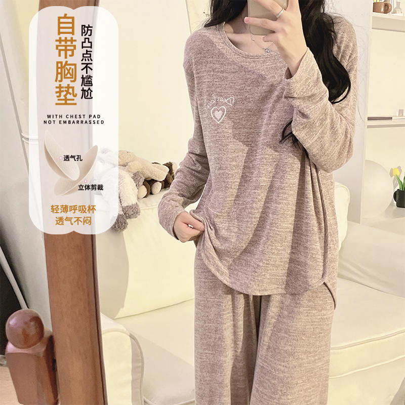 带胸垫睡衣女春夏季长袖韩版套头简约网红风ins套装家居服秋冬天