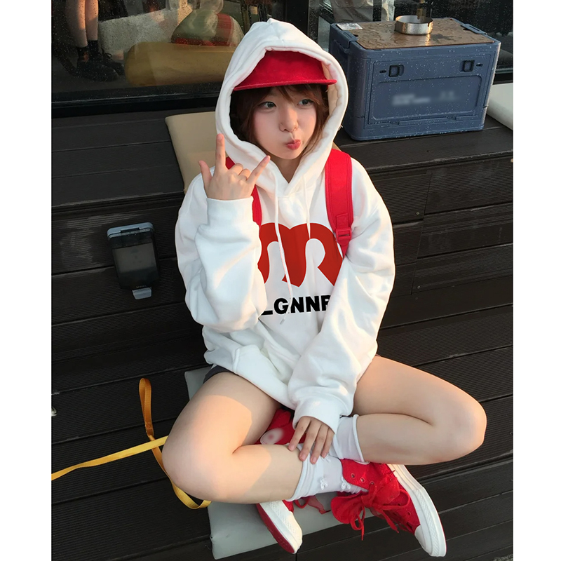 佐朗格奴潮酷韩版学生长袖加绒连帽卫衣女白色百搭宽松秋冬季帽衫