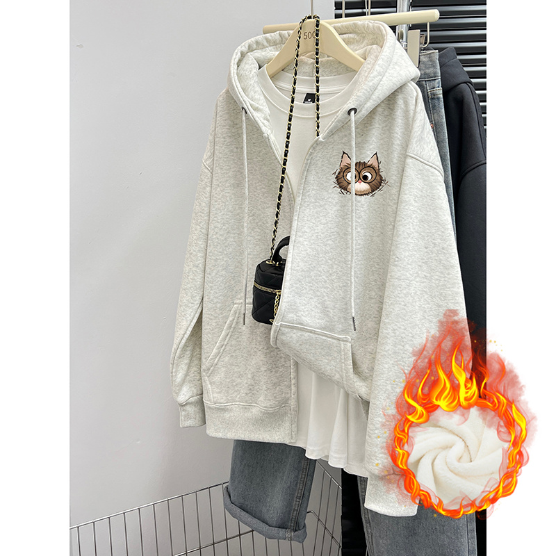 佐朗格奴趣味宽松大版拉链连帽卫衣女休闲百搭猫头鹰印花开衫外套