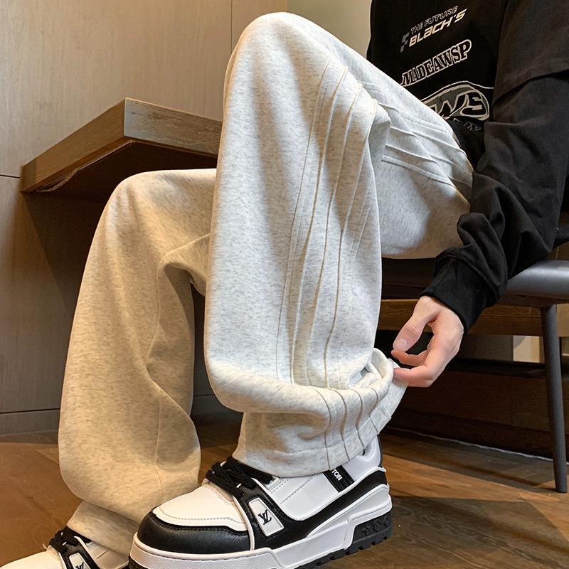 重磅宽松休闲卫裤男春季美式复古灰色阔腿裤子青少年垂感运动长裤