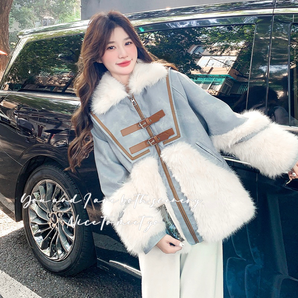 蓝色牛仔拼接加厚派克服女2024冬季新款设计感超好看皮毛一体外套