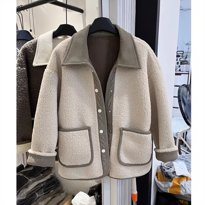 超好看法式皮毛一体羊羔毛外套女秋冬宽松高级感POLO领短款大衣