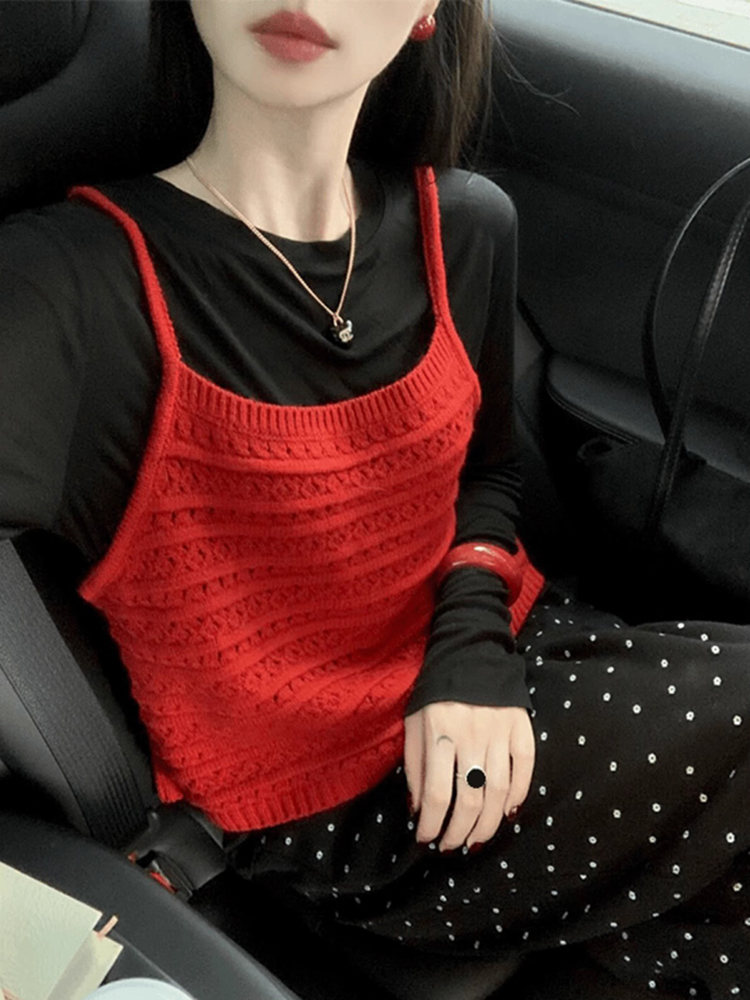 2024入秋一整套新款气质百搭减龄长袖上衣针织背心吊带休闲阔腿裤