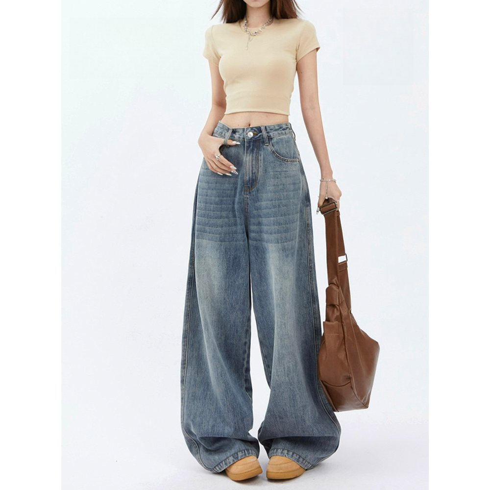 2025年新款宽松显瘦慵懒垂感直筒拖地裤复古怀旧高腰阔腿牛仔裤女