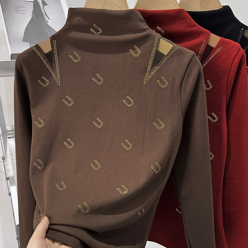 秋冬新款打底衫女洋气镂空烫钻内搭保暖德绒上衣百搭显瘦长袖T恤