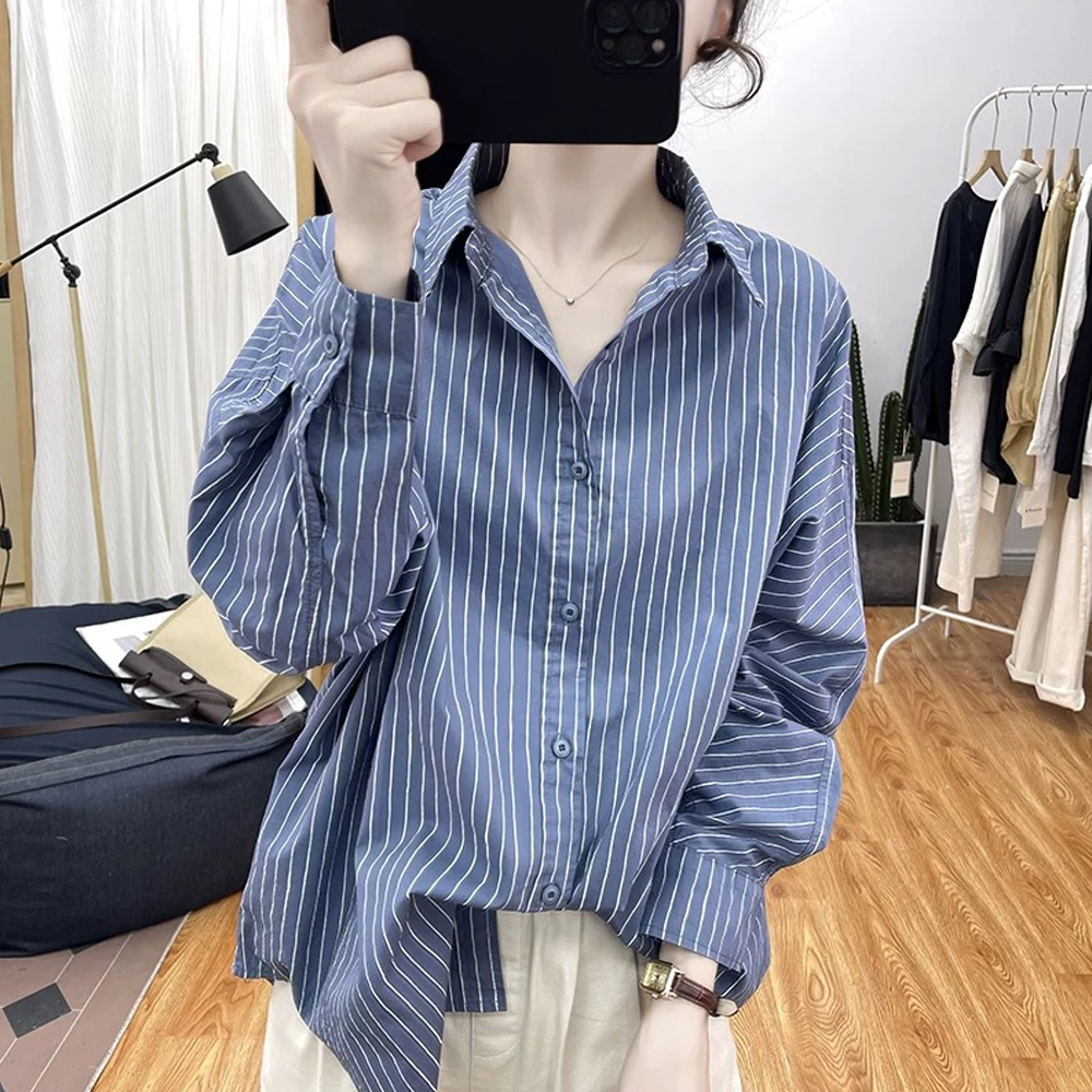 纯棉条纹长袖衬衫女时尚设计感蝙蝠袖宽松早秋新款休闲polo领衬衣