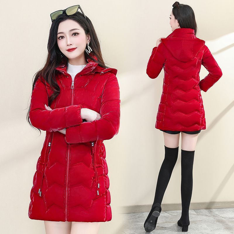 珠光亮面棉服女中长款2024冬季新款洋气免洗棉衣修身加厚棉袄外套