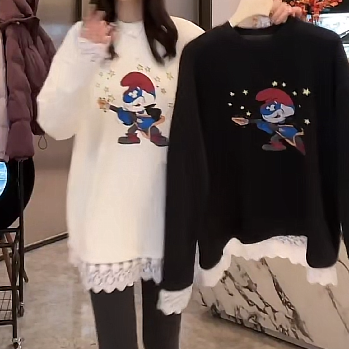 设计感小矮人卡通磨毛绒加厚印花长袖T恤女秋冬宽松蕾丝拼接上衣