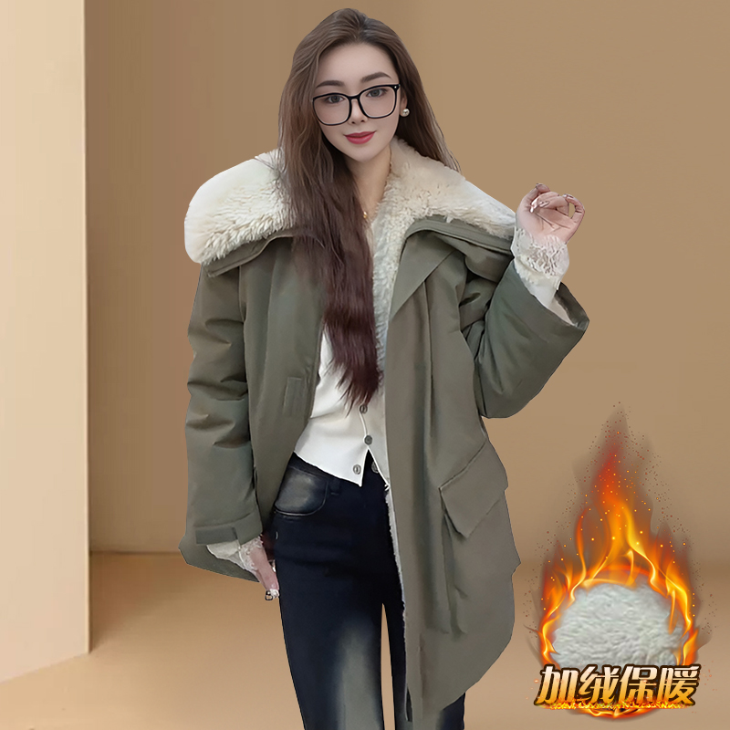 韩版宽松毛毛加厚派克服2025秋冬装气质显瘦工装加绒大衣外套女