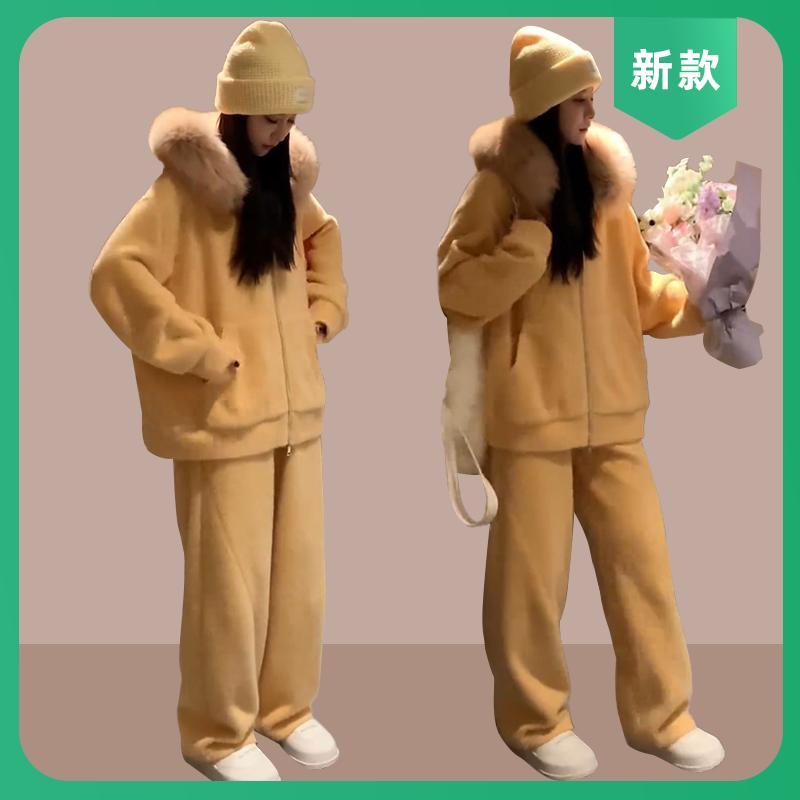 韩版时尚加绒加厚毛领连帽外套女2025秋冬休闲毛绒休闲裤两件套装