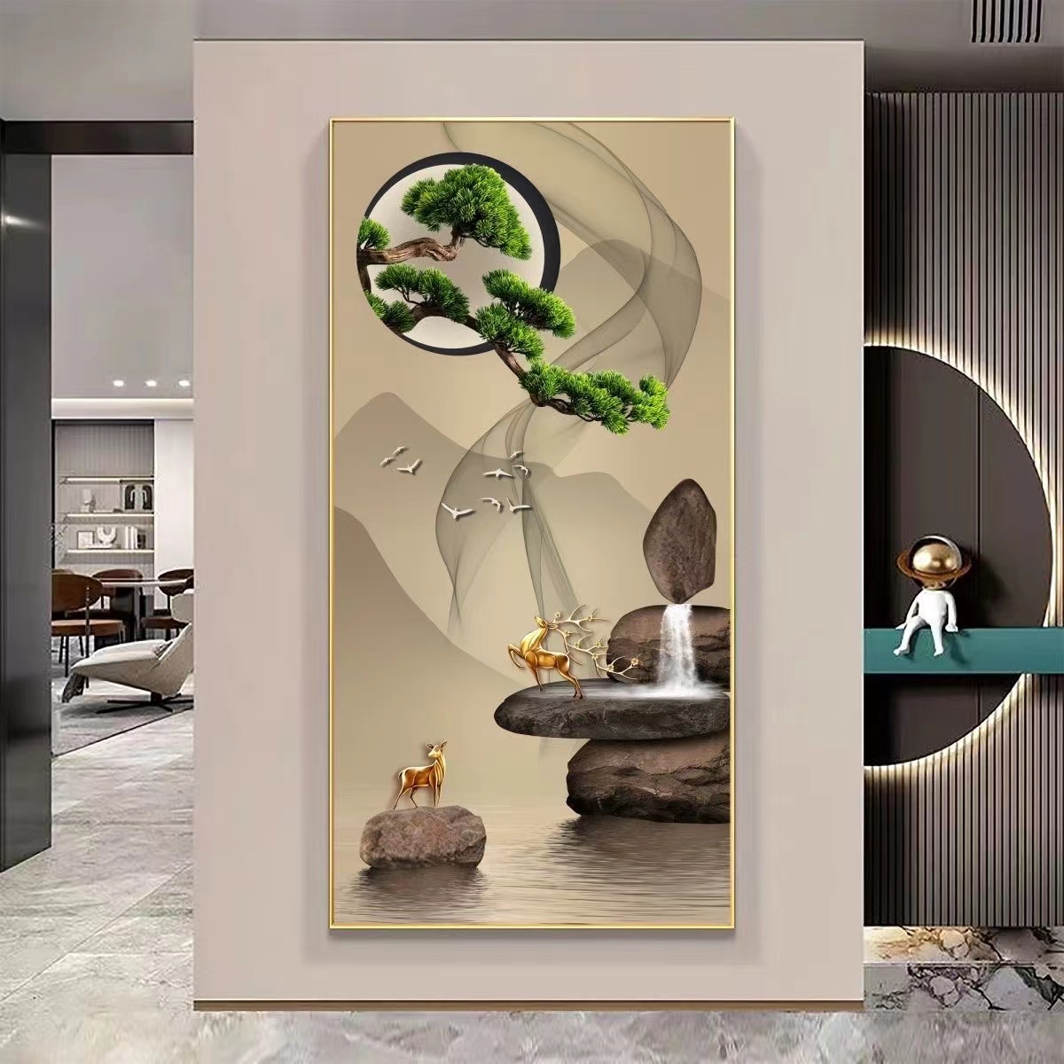 腾景空间【福鹿有鱼石来运转】2026走廊过道入户玄关画晶瓷画装饰画