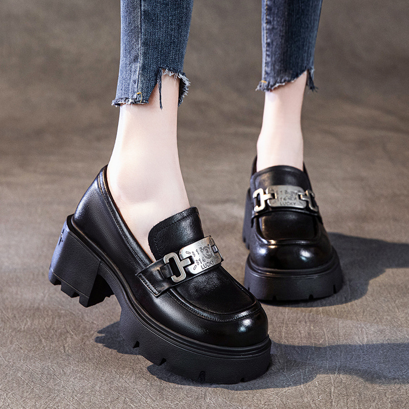 头层牛皮乐福鞋女2026新款复古真皮松糕厚底一脚蹬休闲女士单鞋