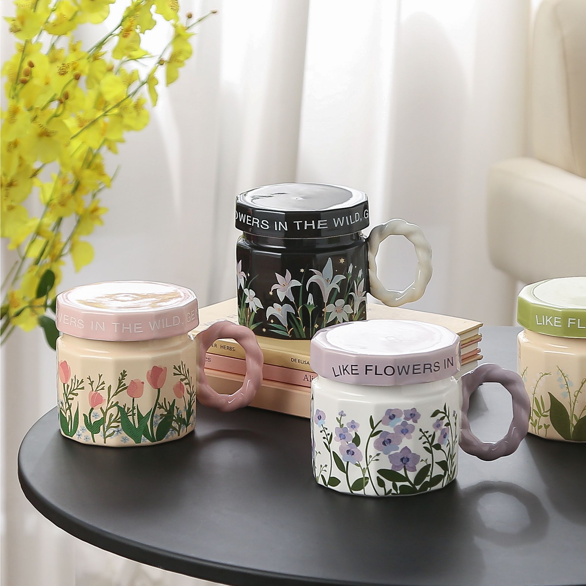 高颜值花卉郁金香陶瓷马克杯带盖办公家用喝水杯子咖啡杯女伴手礼