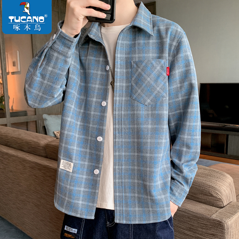 啄木鸟百搭格子衬衫男士时尚韩版休闲衬衣男款秋冬新款长袖上衣男