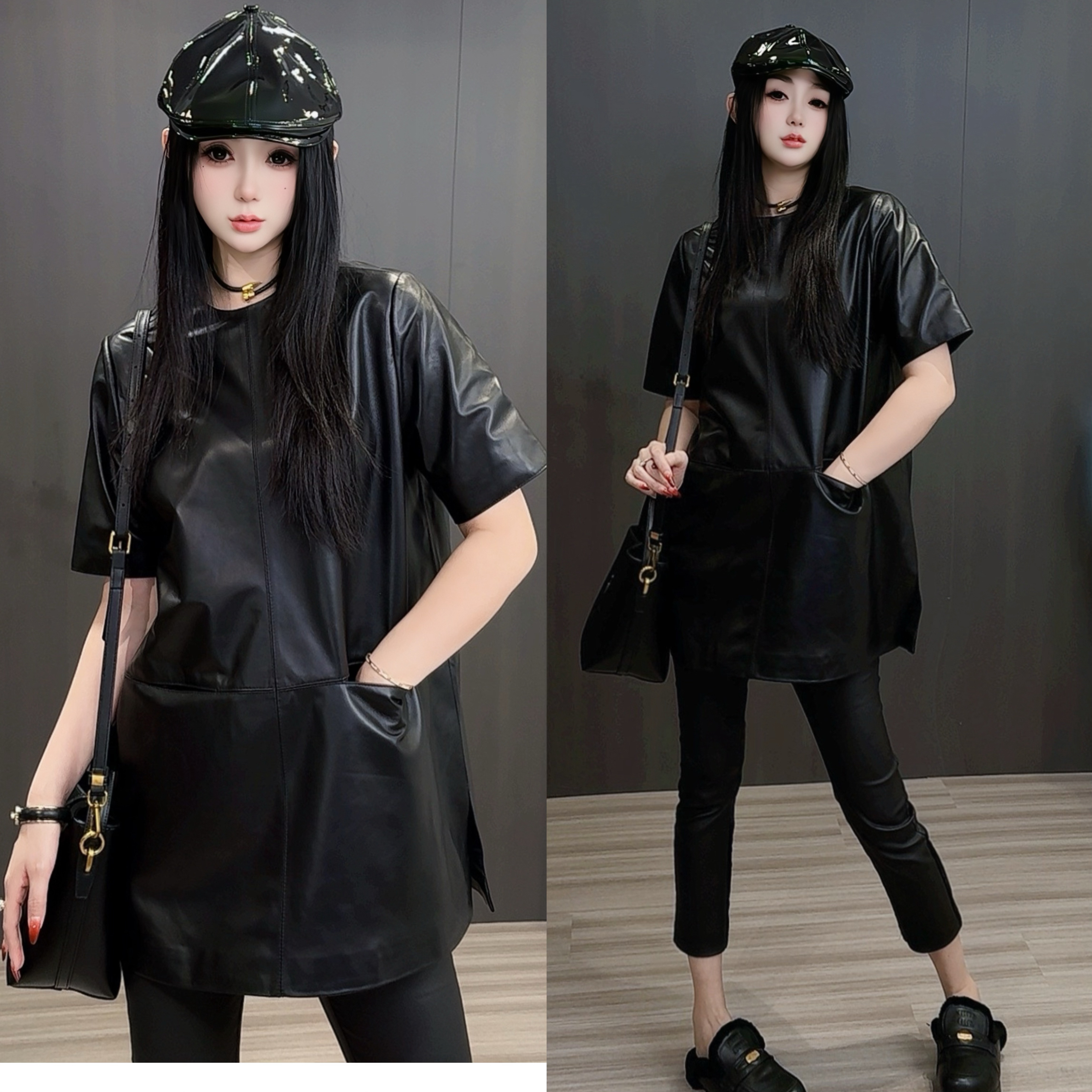 【现货】2025秋新款真皮皮衣外套女侧开叉中长款短袖绵羊皮连衣裙