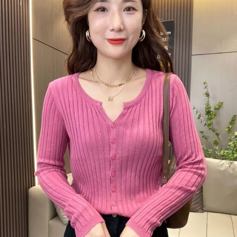 春款百搭羊毛开衫打底长袖针织衫坑条设计上衣显瘦纯色薄款洋气