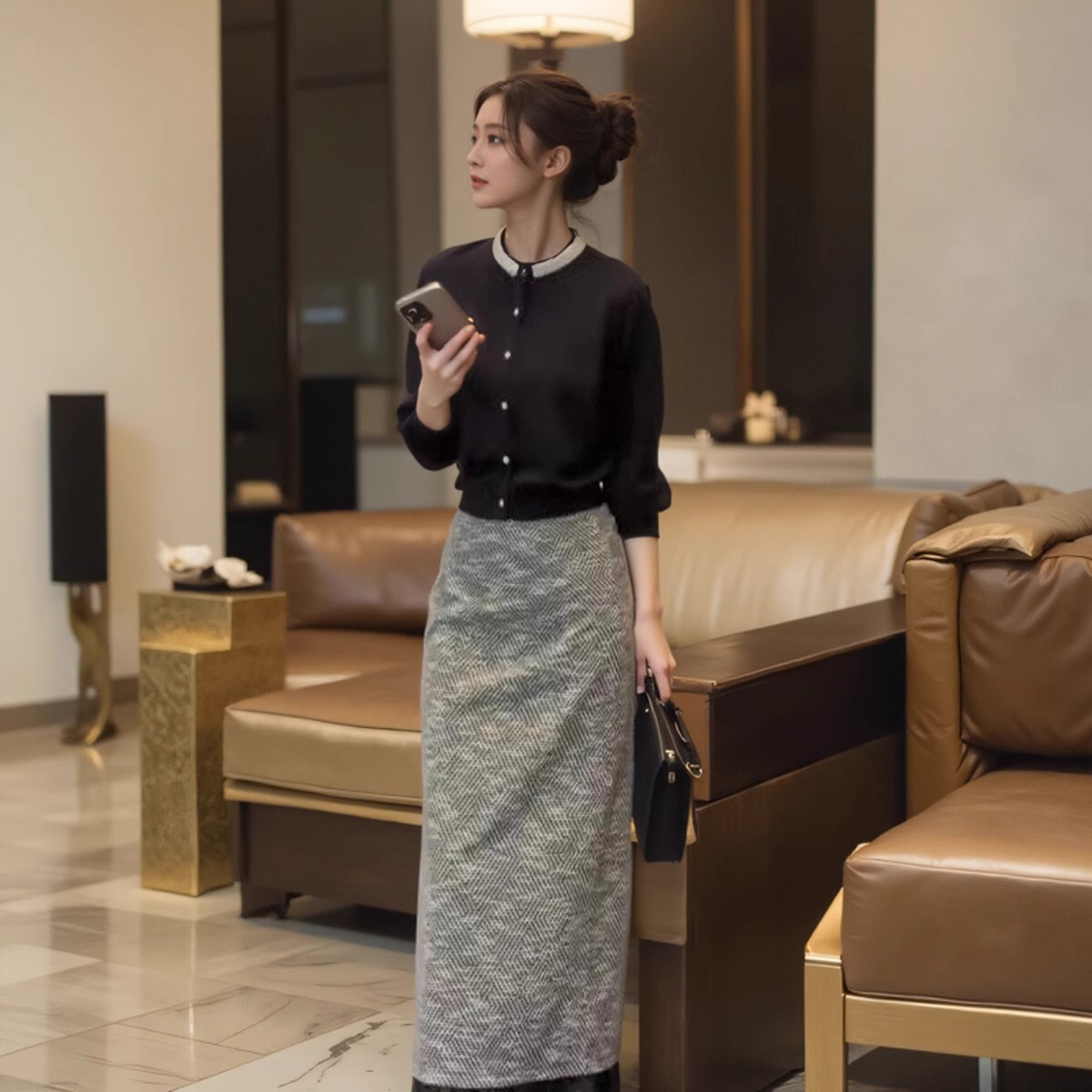 法式小香风套装女秋2024新款通勤气质高级感洋气黑色针织衫套装裙