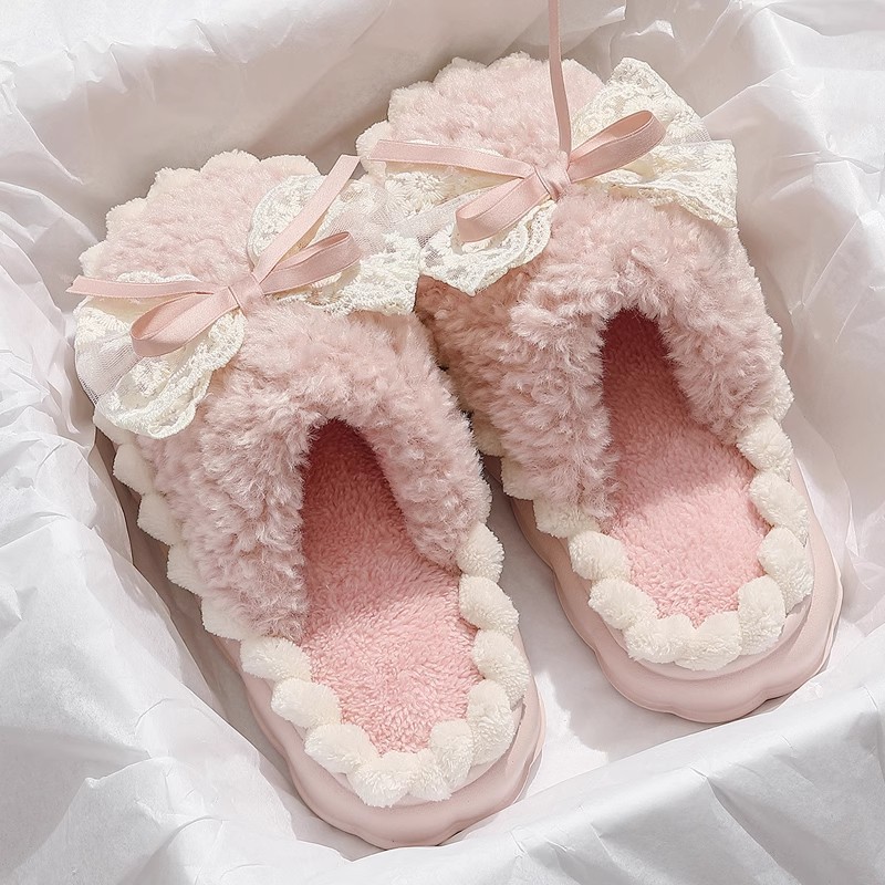 厚底棉拖鞋女士冬季2025新款居家毛毛绒防滑加绒蝴蝶结保暖棉拖女