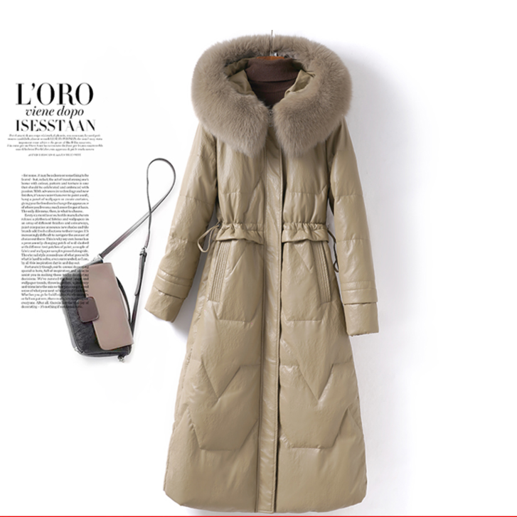 海宁皮衣皮羽绒服女外套狐狸毛领长款时尚收腰加厚保暖大毛领修身