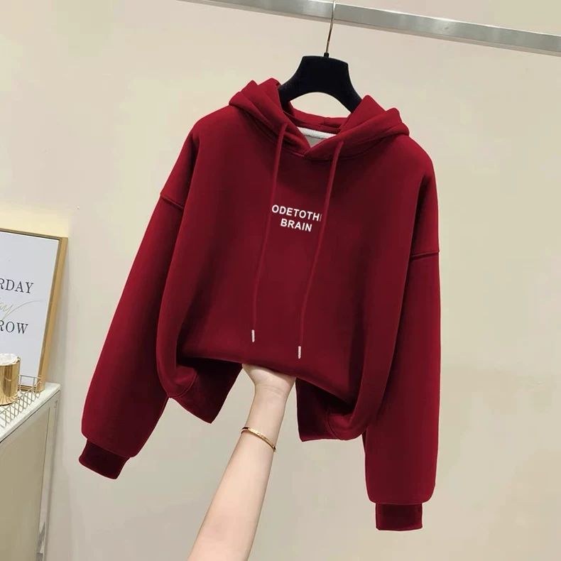 设计感小众秋冬新款2026加绒加厚套头连帽卫衣女短款宽松韩版外套