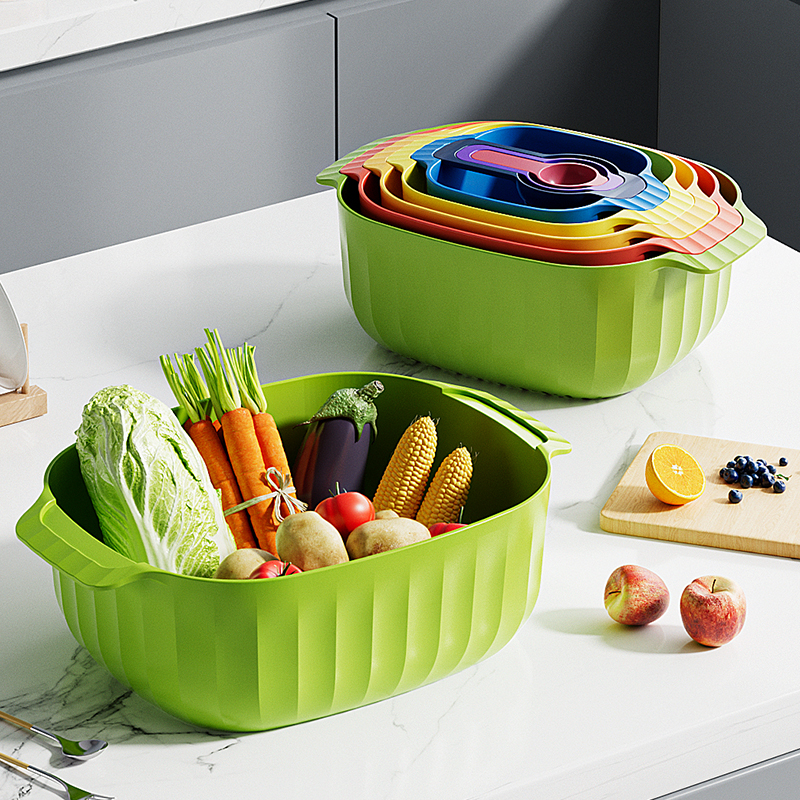 【9件套】洗菜盆沥水篮家用厨房双层洗菜篮子滤水淘菜盆食物收纳盒
