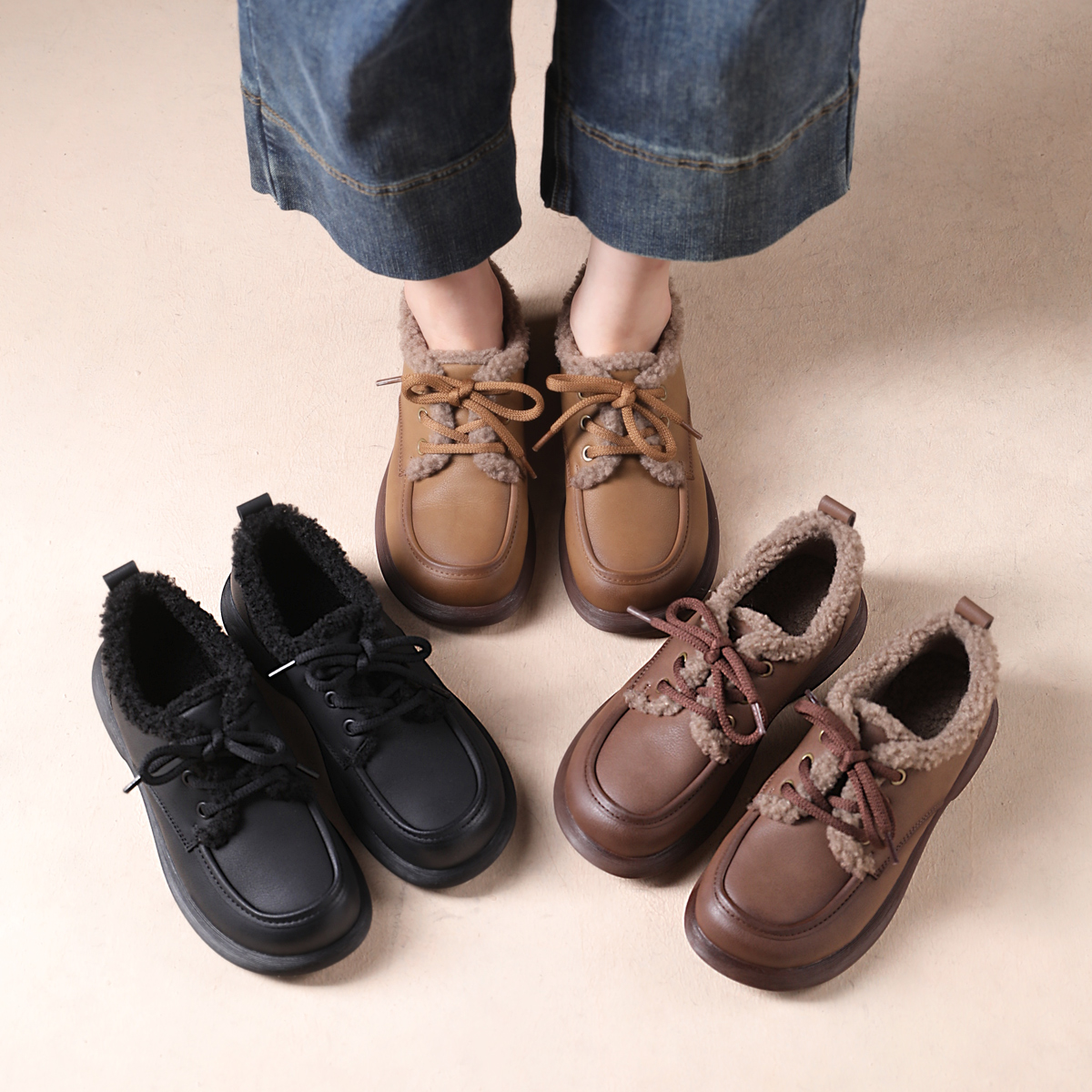 秋冬真皮软底女鞋平底加绒厚底百搭棉鞋舒适防滑不累脚时尚鞋子