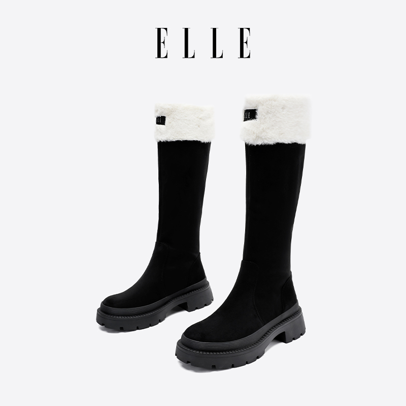 ELLE雪糕长筒雪地靴女弹力瘦瘦靴翻毛皮加绒黑色长靴小个子高筒靴