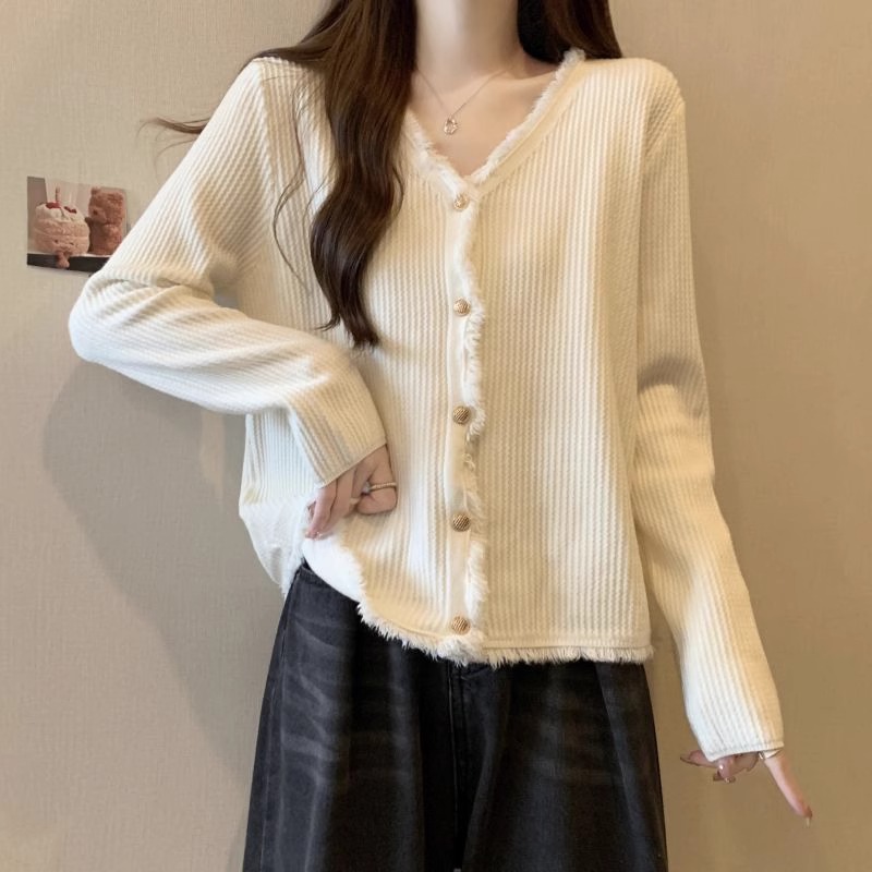 大码遮肚子流苏小香风针织长袖打底衫女秋冬胖mm显瘦V领开衫毛衣