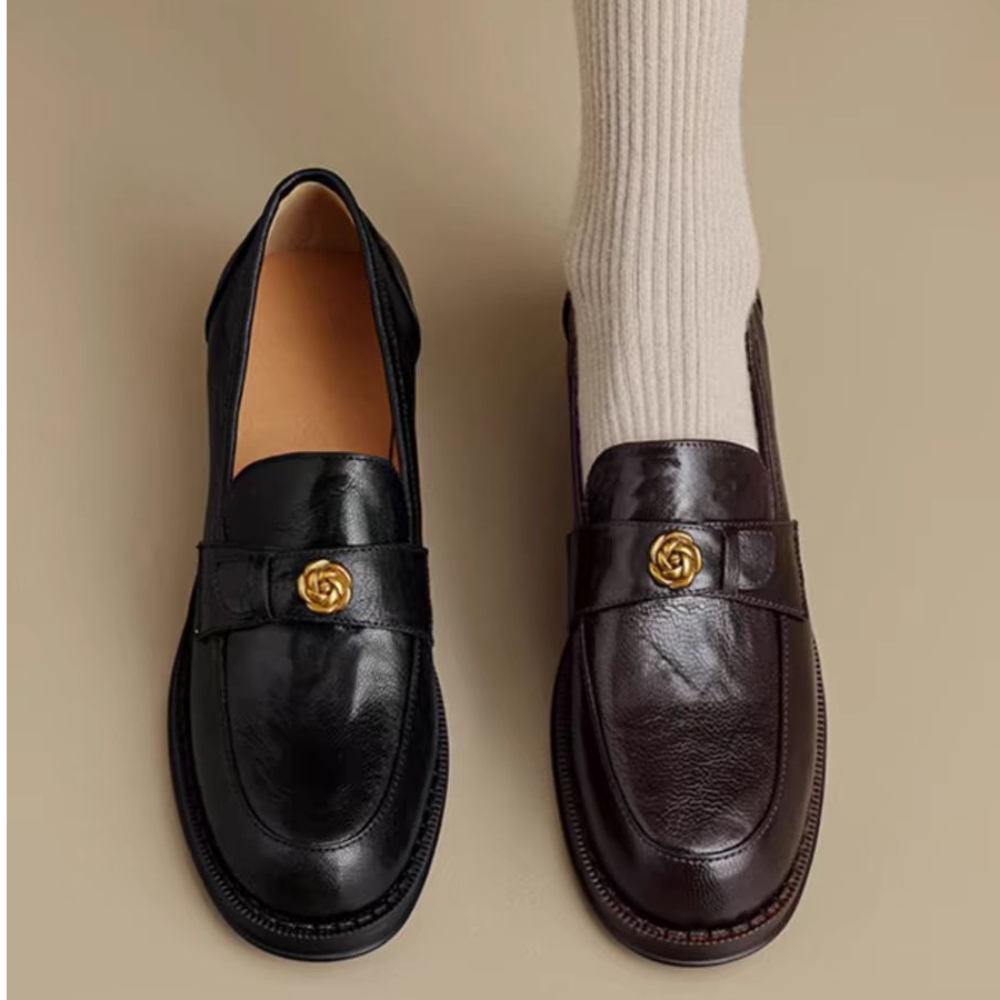 黑色复古真皮山茶花软底乐福鞋女英伦风圆头粗跟单鞋一脚蹬小皮鞋