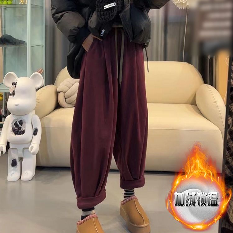 时尚休闲宽松显瘦设计感卫裤女2026年冬季新款加绒加厚保暖哈伦裤