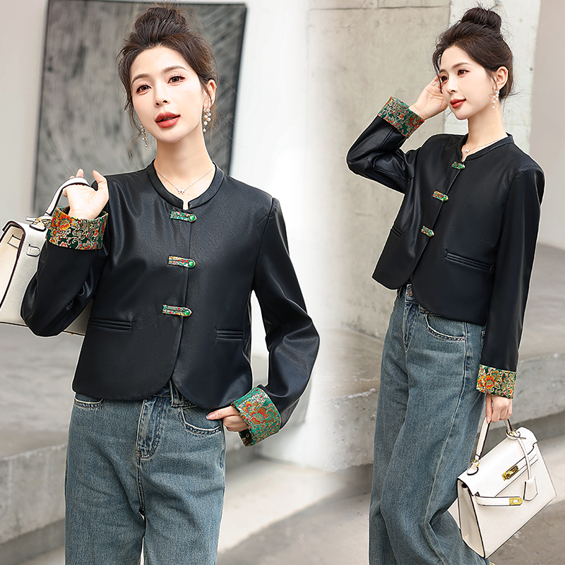 小个子春季爆款新中式国风复古盘扣撞色拼接短款上衣女皮衣外套