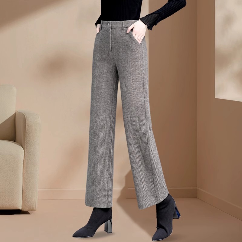 小个子窄版毛呢阔腿裤女秋冬2025新款加绒高腰卡其色九分直筒裤子