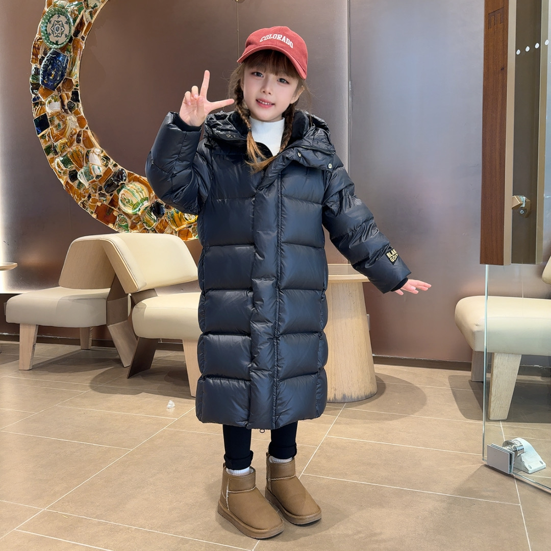 儿童外套羽绒服连帽中长款加厚童装男士女童运动时尚休闲黑色保暖
