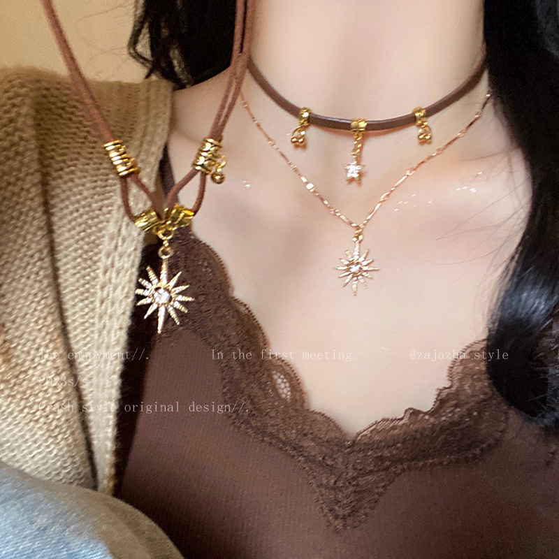 合金皮质项链 美拉德太阳星星锆石项链女秋冬轻奢卫衣链毛衣链306