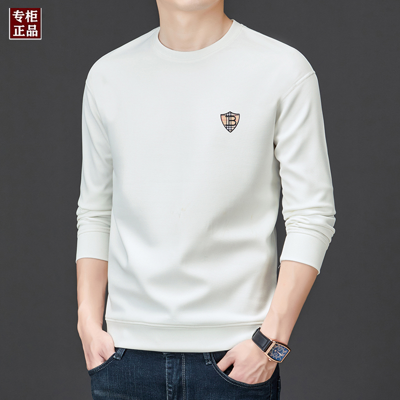 英伦巴宝家春秋季男长袖T恤高档商务休闲潮流圆领丝光棉刺绣卫衣